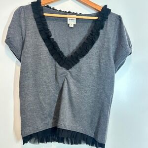 Maeve Anthropologie Gray Merino Wool Blend Ruffle Trim V-Neck Sweater Top Size M